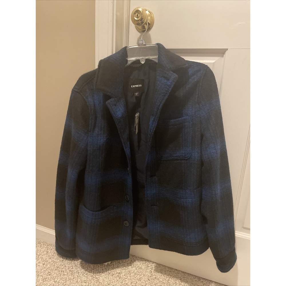 $200 Brand New! Blue Plaid Wool Blend Chore Jacket Extra Small XS Mens Express!!